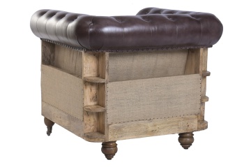 Fotoliu Chesterfield din piele naturală maro închis, capitonat, cu laterale din lemn de mango și iută, picioare pe roți, 84×77×79 cm, „Cassis” - Img 5