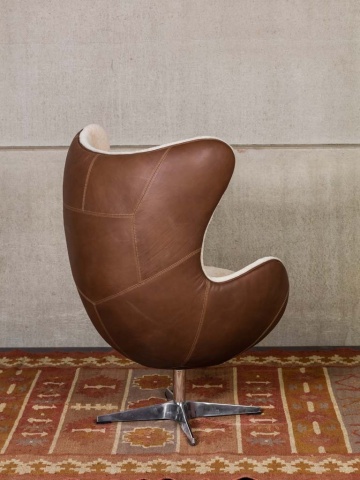 Fotoliu Egg rotativ din piele naturală full grain și lână, maro și crem, design iconic, 86,5×76,5×116 cm, „Tenzing" - Img 6