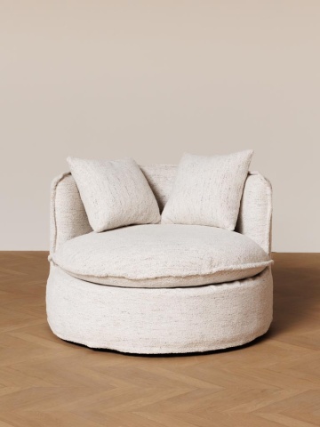 Fotoliu rotativ rotund, alb, din stofă bouclé, cu două perne decorative și pernă groasă de șezut, diametru 98 cm, înălțime 74 cm, „Meridian” - Img 2