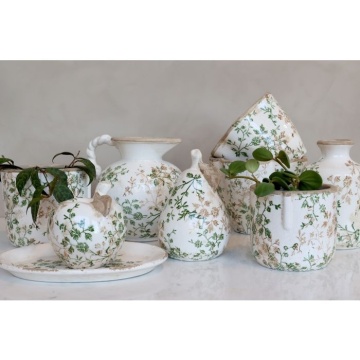 Ghiveci decorativ tronconic alb din ceramică antichizată, pictat manual, cu decor floral-vegetal, 14,5x18 cm, „Grasse" - Img 4