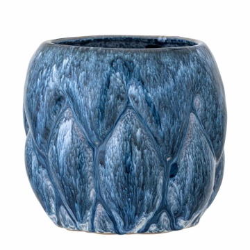 Ghiveci din ceramică, albastru, suprafață sculpturală segmentată, glazură cu efect marmorat, 14 x 15 cm, „Posey”