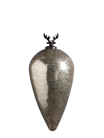 Glob decorativ din sticlă și metal, argintiu, formă de picătură, cap de cerb cu coarne ramificate în vârf, finisaj patinat, 35 x 16 cm, „Cerf”