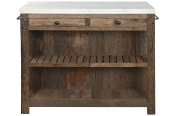 Insulă de bucătărie rustică din lemn reciclat, natur, cu blat din marmură albă, 2 sertare și 2 rafturi, 97 x 120 x 60 cm, „Old Beam”