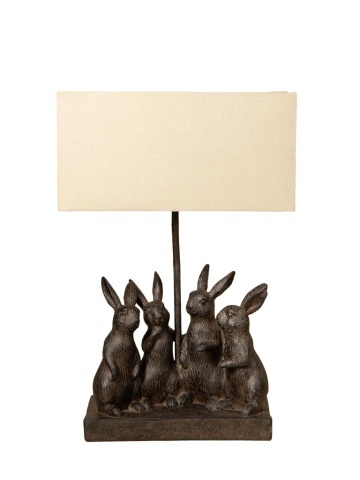 Lampă de masă din bumbac bej, cu structură din rășină maro în formă de grup de iepuri, finisaj patinat, 45×31×13 cm, „Lapin"