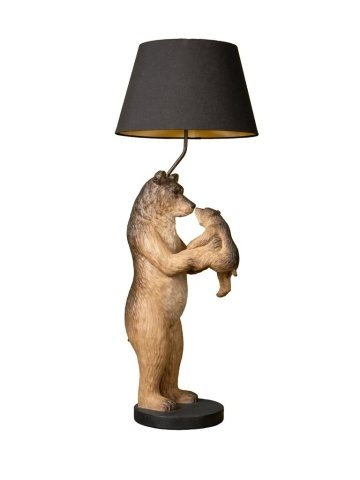 Lampă de masă din bumbac negru, cu structură din rășină maro în formă de urs cu pui, finisaj patinat, 60×36 cm, „Grizzly"