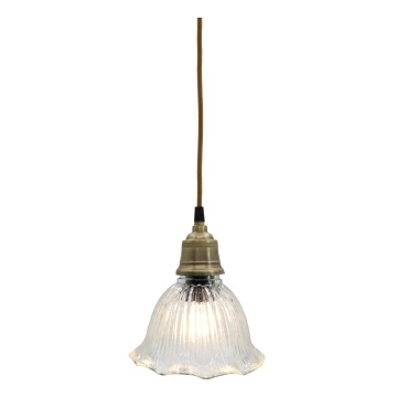 Lustră suspendată vintage din sticlă transparentă și suport din alamă antichizată, 17×18 cm, „Clochette"