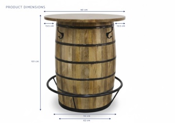 Masă bar din lemn masiv de mango în formă de butoi cu metal, 90×90×101 cm, „Barrel” - Img 3