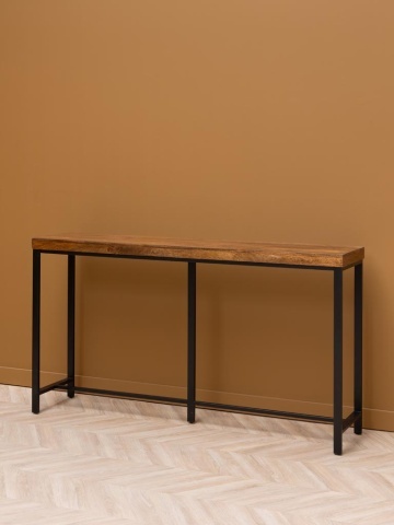 Masă consolă în stil eclectic din lemn de mango, maro, cu blat gros și picioare din metal negru, 98,5 x 180,5 x 40 cm, „Kirt” - Img 2