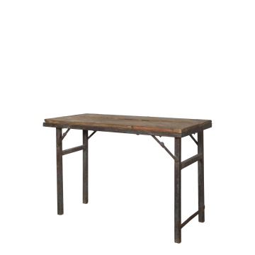 Masă consolă în stil French Country, din lemn reciclat și fier, natur și negru, cu margine din fier și picioare pliabile, 75 x 106 x 53 cm, „Grimaud”