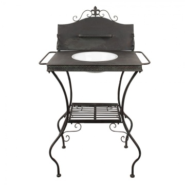 Masă consolă vintage din metal, maro, cu lighean alb, raft, bare laterale și creastă cu floare de crin, 114 x 72 x 48 cm, „Lavandiere”