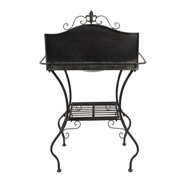 Masă consolă vintage din metal, maro, cu lighean alb, raft, bare laterale și creastă cu floare de crin, 114 x 72 x 48 cm, „Lavandiere” - Img 5