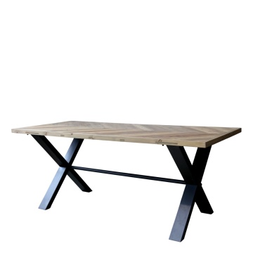Masă dining cu blat herringbone din lemn masiv, natur, 10 locuri, cu bază în X din fier, finisaj cu baiț deschis, 77 x 200 x 90 cm, „Marseille”
