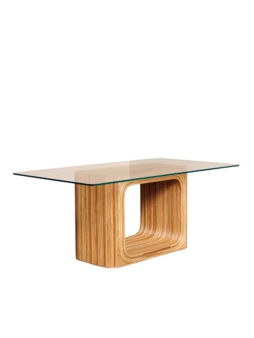 Masă dining dreptunghiulară din ratan, natur, 8 locuri, cu blat din sticlă și picior central, 75 x 180 x 100 cm, „Glass” - Img 2