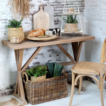 Masă dining îngustă din lemn reciclat, natur, 2–4 locuri, cu bază în formă de capră, 77 x 117 x 46 cm, „Old French” - Img 2
