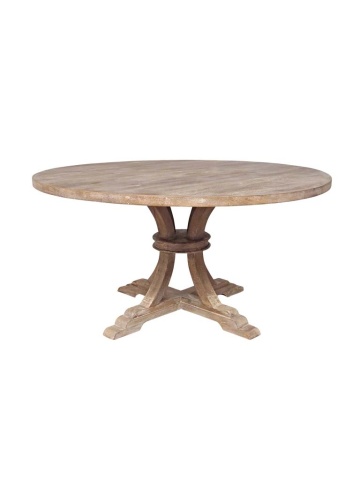 Masă dining rotundă din lemn de mango, natur, 6–8 locuri, cu picior central, finisaj décapé, 76 x 150 cm, „Valbelle”