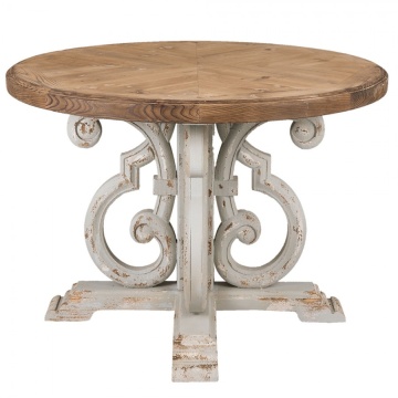 Masă dining rotundă din lemn, natur, 4–5 locuri, cu picior central în volute, finisaj antichizat, 85 x 120 cm, „Aimée” - Img 3