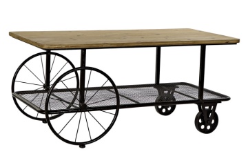 Măsuță de cafea cu roți, stil industrial modern, culoare negru, din metal și lemn de molid, „Spruce”