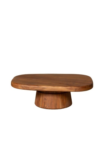 Măsuță de cafea din lemn de acacia, ovală, cu picior sculptural, maro antichizat, finisaj satinat, 115×86×39 cm, „Ningula" - Img 1