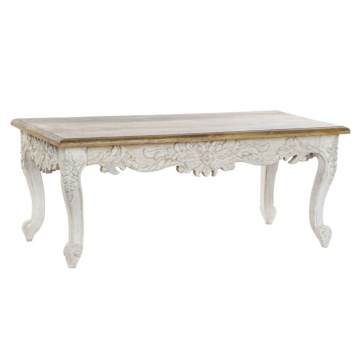 Măsuță de cafea dreptunghiulară din lemn de mango sculptat manual, natur și alb, finisaj antichizat, 49 x 120 x 61 cm, „Floralis” – Ethnic Collections - Img 2