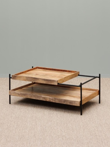 Măsuță de cafea dreptunghiulară din lemn de mango și metal, natur și negru, cu blat glisant și raft, 35 x 95 x 59 cm, „Modular” - Img 2