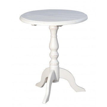 Măsuță de cafea rotundă din lemn masiv, alb, cu picior central strunjit și trei picioare curbate, finisaj patinat, 73 x 61 cm, „Pedestal”