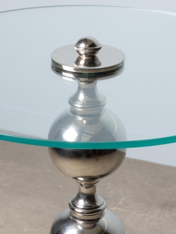 Măsuță laterală din sticlă și aluminiu, argintiu, rotundă, cu coloană din trei sfere, 59 x 45 cm, „Atome” - Img 4