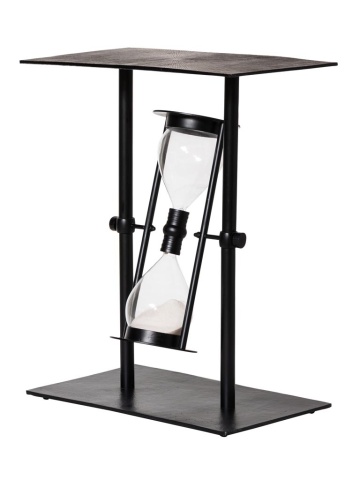 Măsuță laterală îngustă din metal, negru, cu clepsidră din sticlă pe pivot, 60 x 50 x 30 cm, „Time traveler”