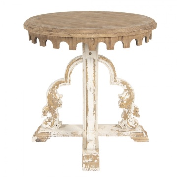 Măsuță laterală sculptată, rotundă, din lemn, natur și alb, cu bordură în arcade și console cu volute, finisaj antichizat, 81 x 80 cm, „Éléonore” - Img 2
