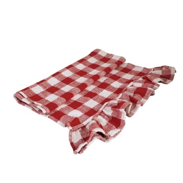 Napron de masă din bumbac organic, rosu și alb, model în carouri cu volănaș decorativ, 50x150 cm „Ida Stripe"