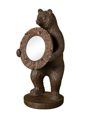 Oglindă de masă din rășină, maro, urs în picioare ținând o oglindă rotundă, ramă cu frunze în relief, finisaj antichizat, 37 x 17 x 16,5 cm, „Brienz”