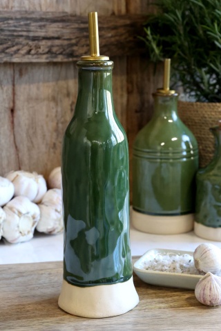 Olivieră din ceramică antichizată verde, pentru oțet cu dozator metalic auriu, 27,5×7,5 cm, „Mireille" - Img 3
