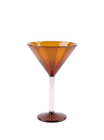 Pahar cocktail din sticlă borosilicată, chihlimbar, cu picior roz, tip martini, 15 x 10 cm, „Twiggy”