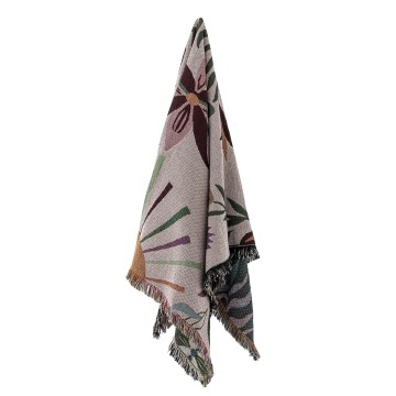 Pătură din bumbac reciclat, roz, cu model botanic și franjuri multicolore, „Yash", 160 x 130 cm - Img 2