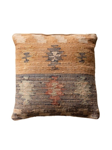 Pernă decorativă din lână și iută, multicolor, țesătură kilim în nuanțe de muștar și verde, finisaj artizanal, 50 x 50 cm, „Moutarde”