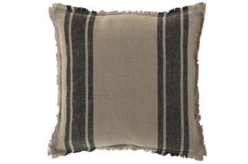 Pernă decorativă pătrată din in natural cu dungi negre și franjuri, 50 x 50 cm, 525 g, bej și negru, husă cu fermoar, „Linen Cushion Square Striped"