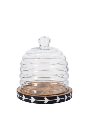Platou cu capac clopot din sticlă și lemn de mango, negru și natur, clopot în formă de stup, model cu frunze albe, lucrat manual, 23 x 24 cm, „Sylve”