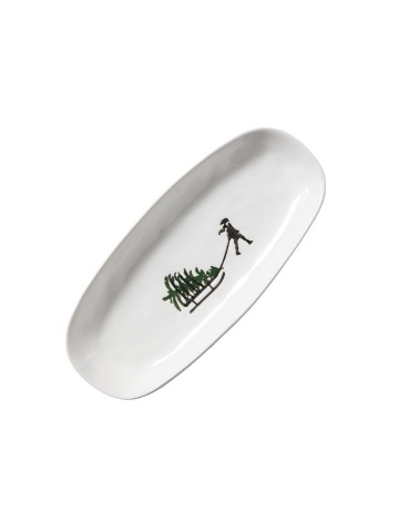 Platou de servire din ceramică albă, formă ovală, cu motive de iarnă pictate manual, 2,5 × 25 × 11.5 cm, „Slalom"