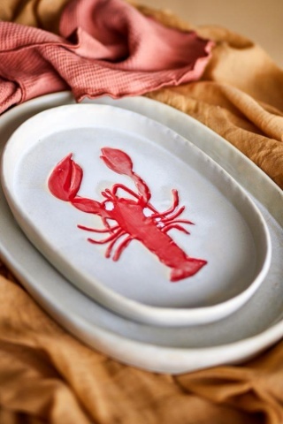 Platou oval din ceramică natur cu homar sculptat în relief, 29×18×2,5 cm, "Hadden" - Img 2