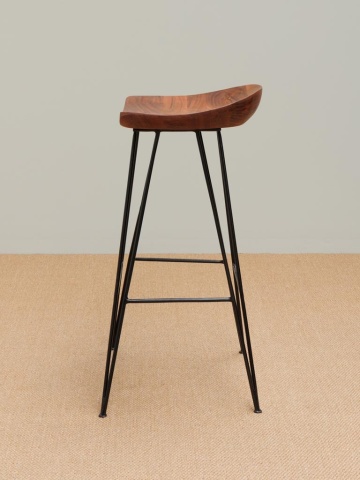 Scaun de bar din lemn de acacia și metal, maro, în stil industrial, cu șezut curbat și picioare tip ac de păr, 80 x 46 x 40 cm, „Mauru” - Img 4