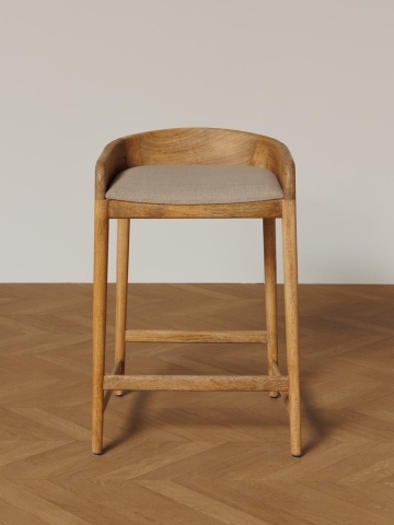 Scaun de bar din lemn de mango și bumbac, natur, cu spătar curbat și suport pentru picioare, 78 x 58 x 51 cm, „Morgen” - Img 5