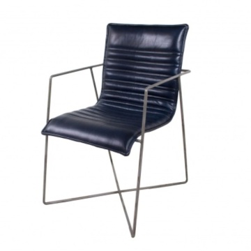 Scaun dining, albastru, din piele naturala si metal, Saint-Tropez
