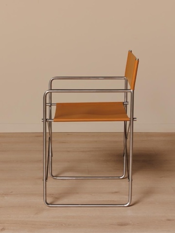 Scaun dining cu brațe din piele naturală și metal, portocaliu, cu cadru tubular argintiu și picioare în X, pliabil, 77 x 52 x 50 cm, „Cuero” - Img 4