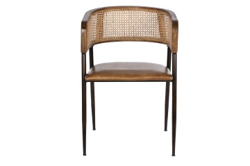 Scaun dining cu brațe din ratan și piele, maro, spătar curbat împletit și picioare negre din metal, 78 x 52 x 56 cm, „Cannage” - Img 6