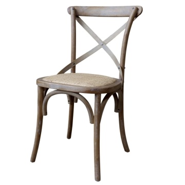 Scaun dining din lemn de hevea, lemn de mango și ratan, natur, cu spătar în X și șezut bej împletit, finisaj patinat, Î 89 x l 51 cm, „Rosalie”