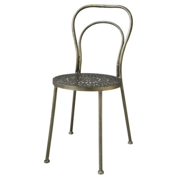 Scaun dining din metal, auriu, cu spătar dublu arcuit și șezut rotund traforat, finisaj alamă antichizată, Î 92 cm, Ø 41 cm, „Arles”