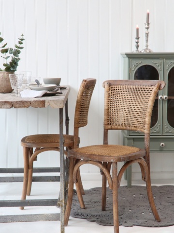 Scaun dining împletit vintage din lemn de hevea și ratan, bej, cu spătar curbat și arcuri din lemn sub șezut, finisaj patinat, 88 x 40 x 45 cm - Img 6