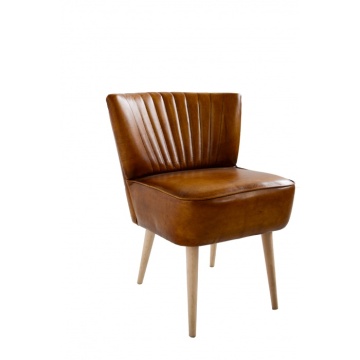 Scaun dining tapițat retro din piele naturală și lemn de fag, maro, cu spătar în canale verticale și picioare conice, 82 x 61 x 68 cm, „Marlon” - Img 6