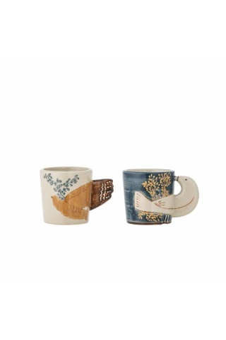 Set 2 cești din ceramică cu decor floral și pasăre pictată manual, mâner în formă de aripă, 5x5 cm, "Hezha"