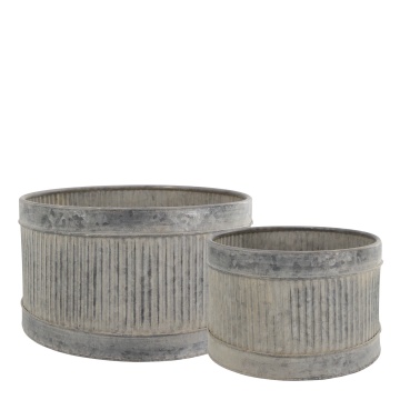 Set 2 jardiniere din zinc antichizat cu striații, H19/D32 cm