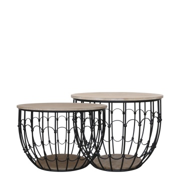Set 2 măsuțe de cafea rotunde din lemn și metal, natur și negru, cu bază tip coș și raft jos, 39 x 57 cm, „Ménerbes”